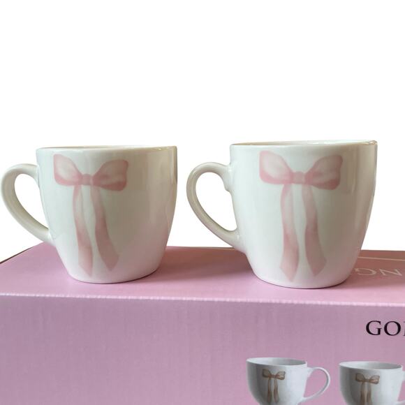Godinger Pink Bow Ceramic Espresso Mug Set of 4 White New - Picture 7 of 16